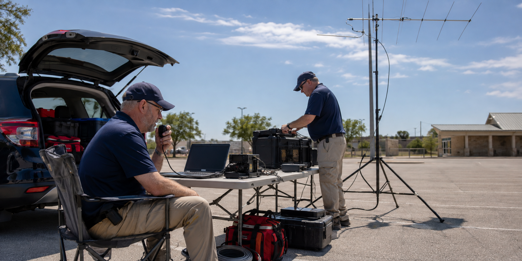 Operators setting up a pop-up amateur radio field station