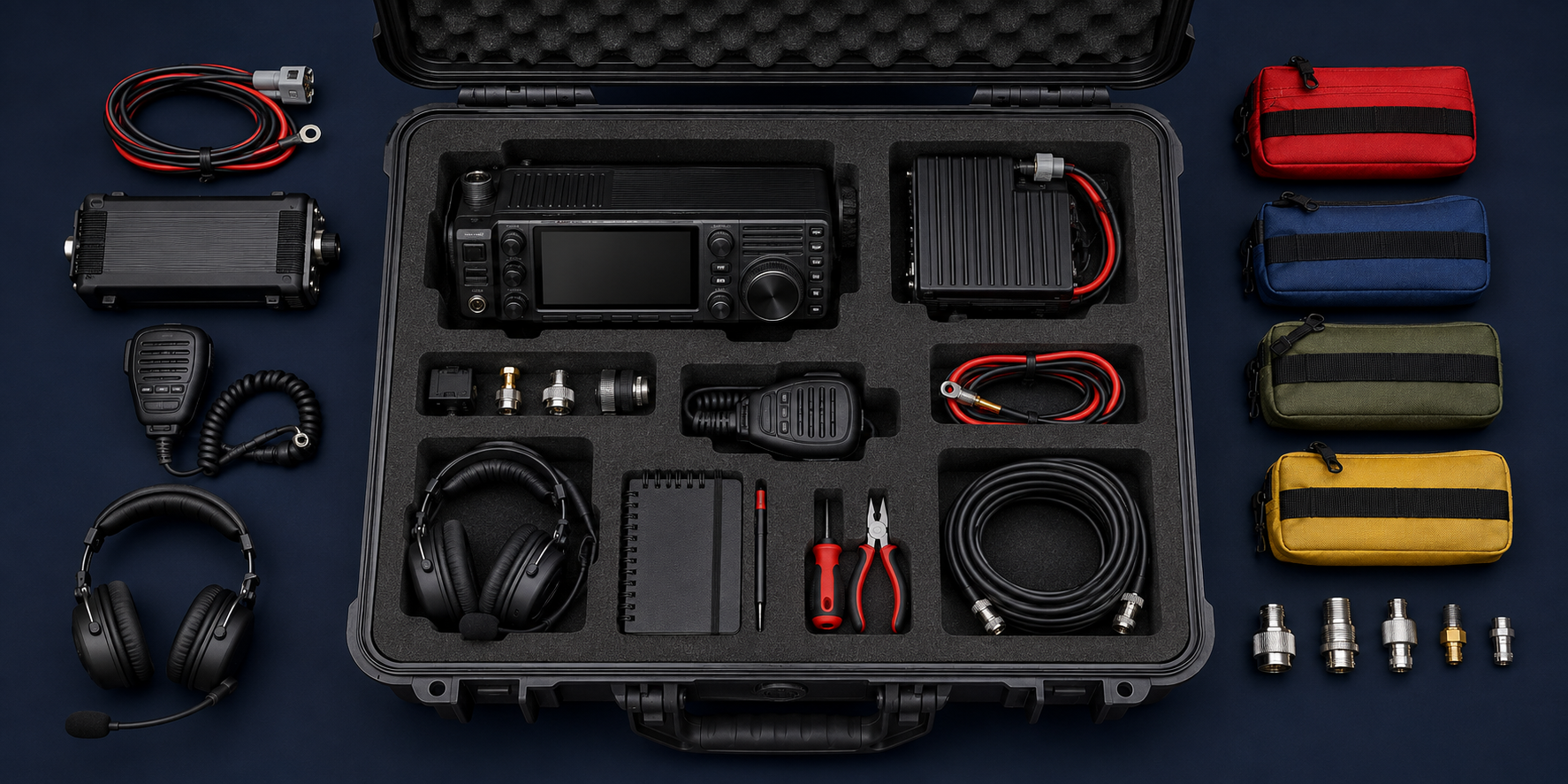 An organized amateur radio deployment go-kit with radio, power, cable, and tool modules