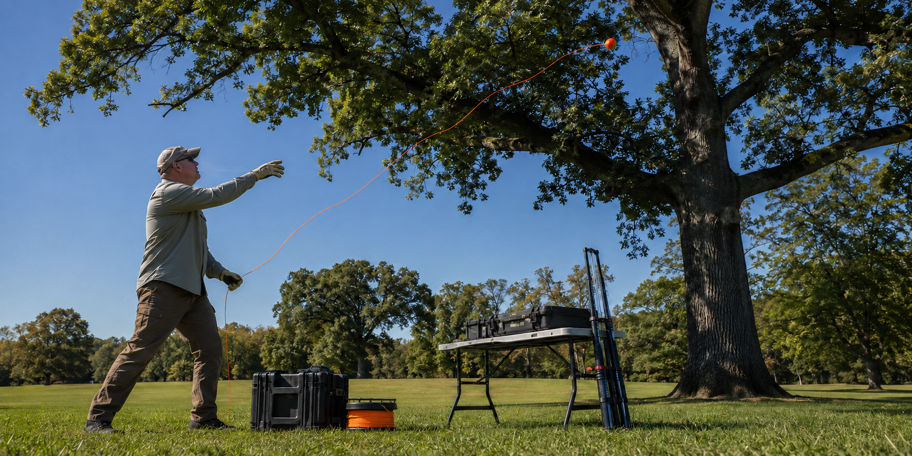 Antenna line launcher being used to place a throw line over a tree branch